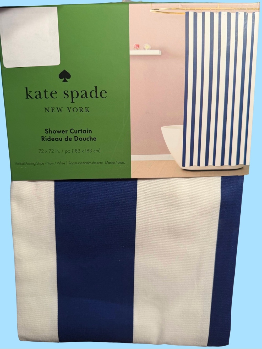 Kate Spade New York NWT Blue & White Striped Cloth Shower Curtain 72” x 72”